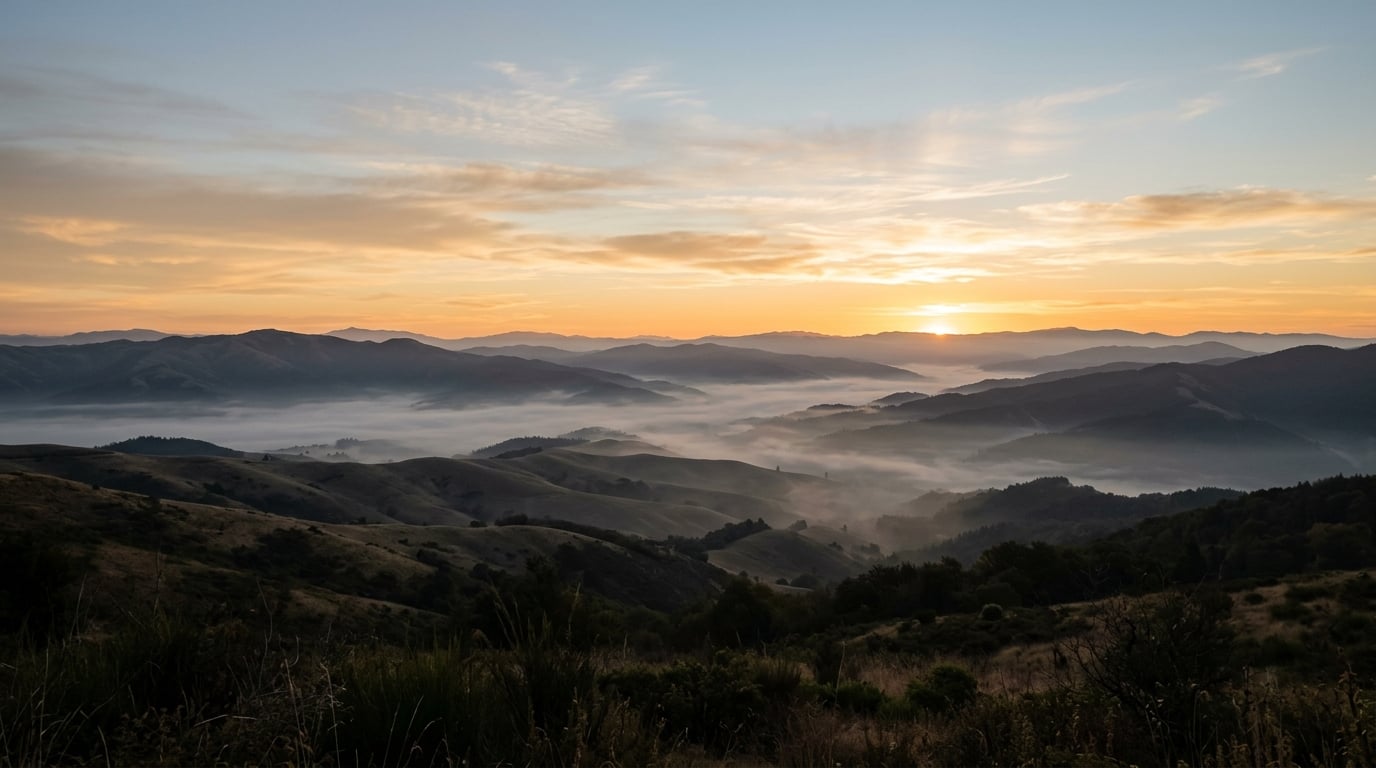 Soft sunrise over misty quiet hills